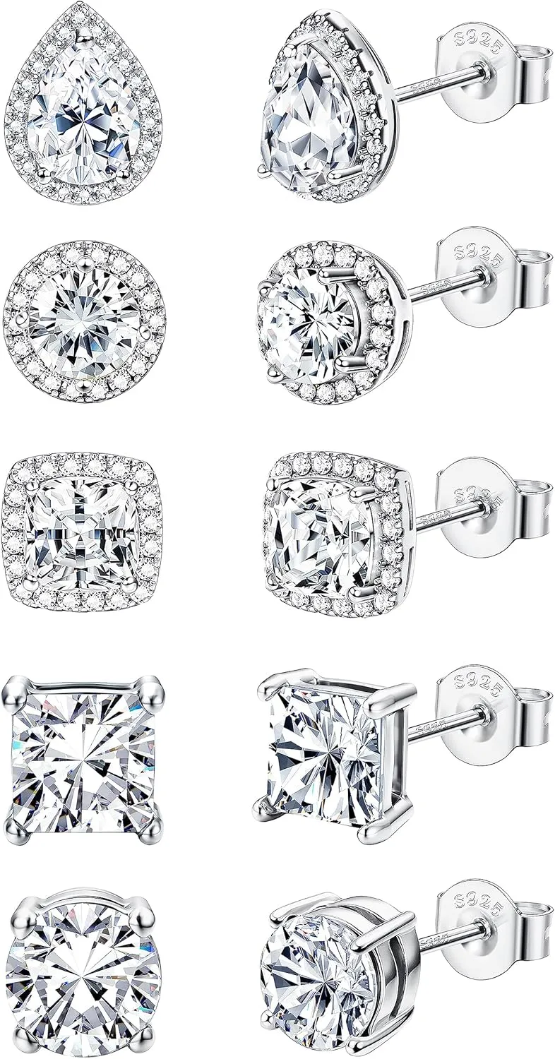 FASACCO 925 Sterling Silver Stud Earrings Large CZ Stud Earrings Fake Diamond Stud Earrings Silver Studs Set Cubic Zirconia Stud Earrings