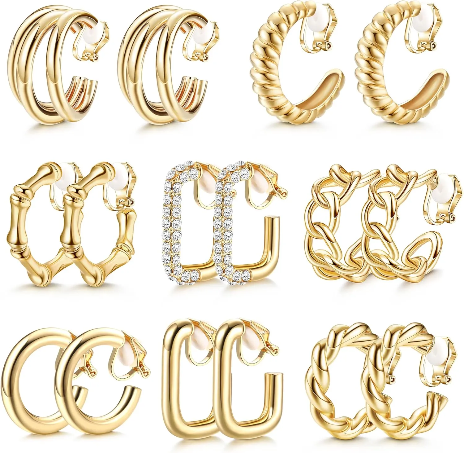 FASACCO Gold Clip On Hoop Earrings for Women Fashion Clip on Earrings Twist Round Geometric Chunky Hoop Clip Earrings No Piercing Fake Earrings