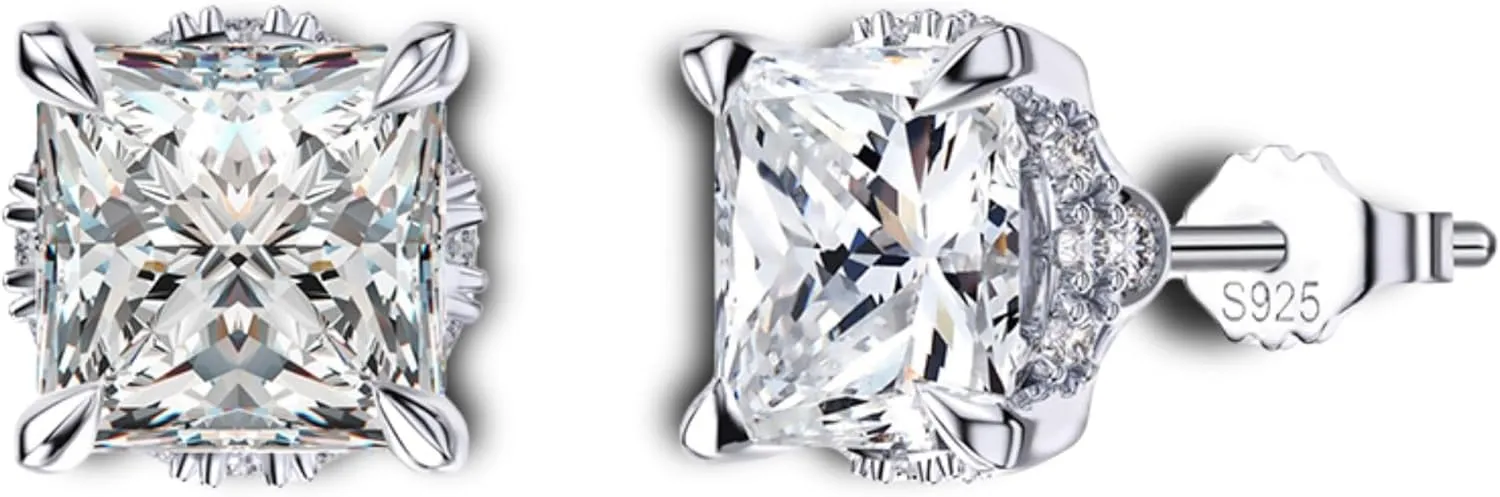 Faux Diamond Stud Earrings For Women 14k White Gold Plated Sterling Silver Cubic Zirconia Earring Studs forHer by Ginger Lyne 7mm 4 ct Princess Cut Pierced Hypoallergenic Minimalist Jewelry