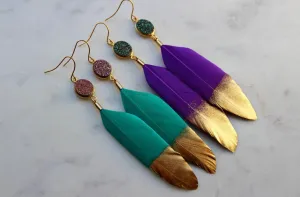 Feather earrings (Purple druzy/Green feather)
