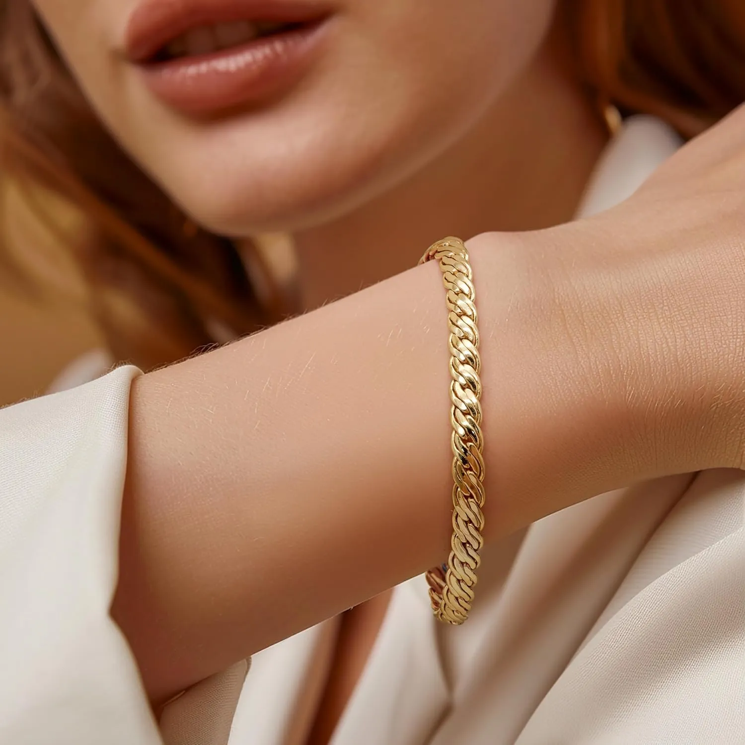 FEGER 14K Gold Double-Row Braid Chain Bracelet for Men and Women Non-Tarnish Bracelets with Lobster Clasp Available in 5 Sizes (6.5''-8.5'')