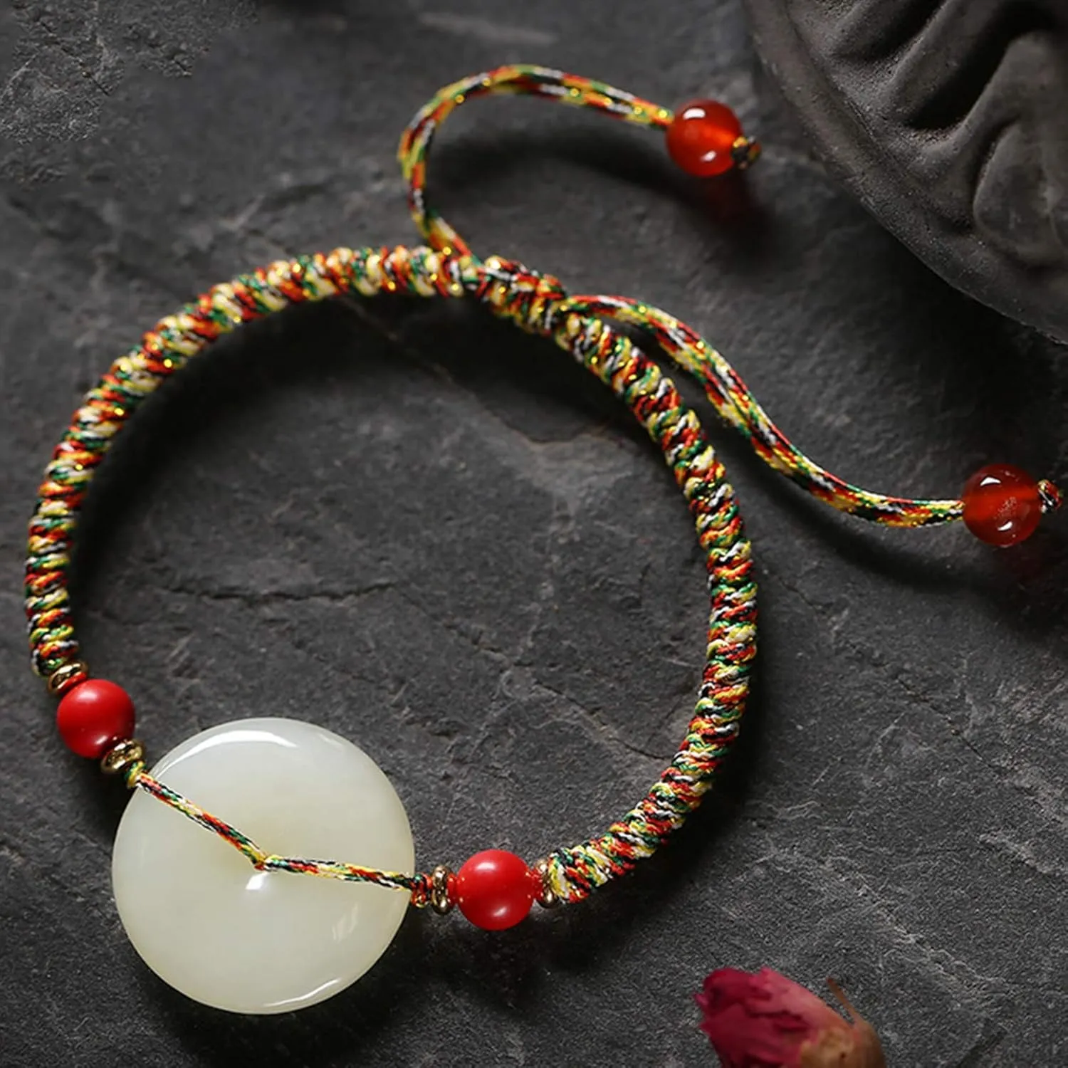 Feng Shui Wealth Jade Bracelet for Women Hetian Jade Harmony Buckle Red Agate Beads Hand-Woven Bracelet Adjustable Amulet Attracts Wealth Ward Off Evil Spirits,Black