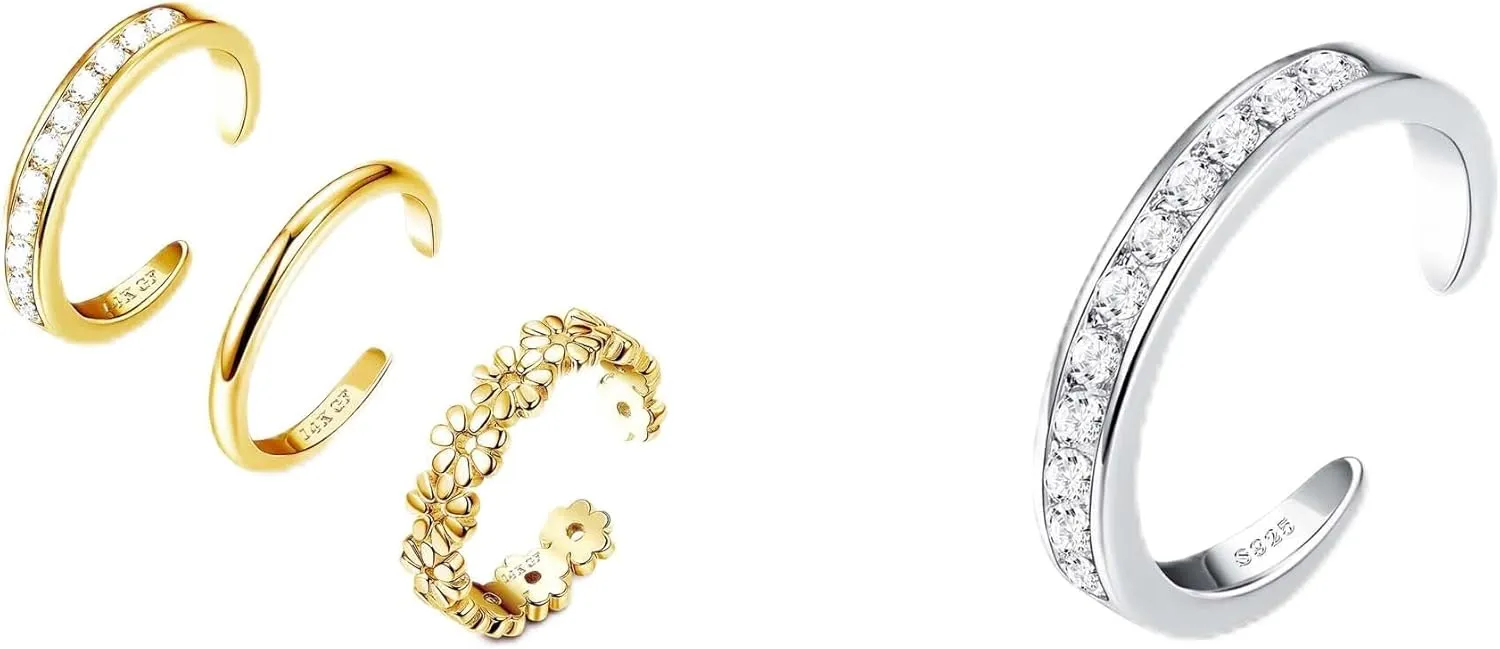 FIASASO 3Pcs Gold Filled Toe Rings 1Pcs 925 Sterling Silver Toe Rings for Women Non Tarnish Toe Ring Adjustable