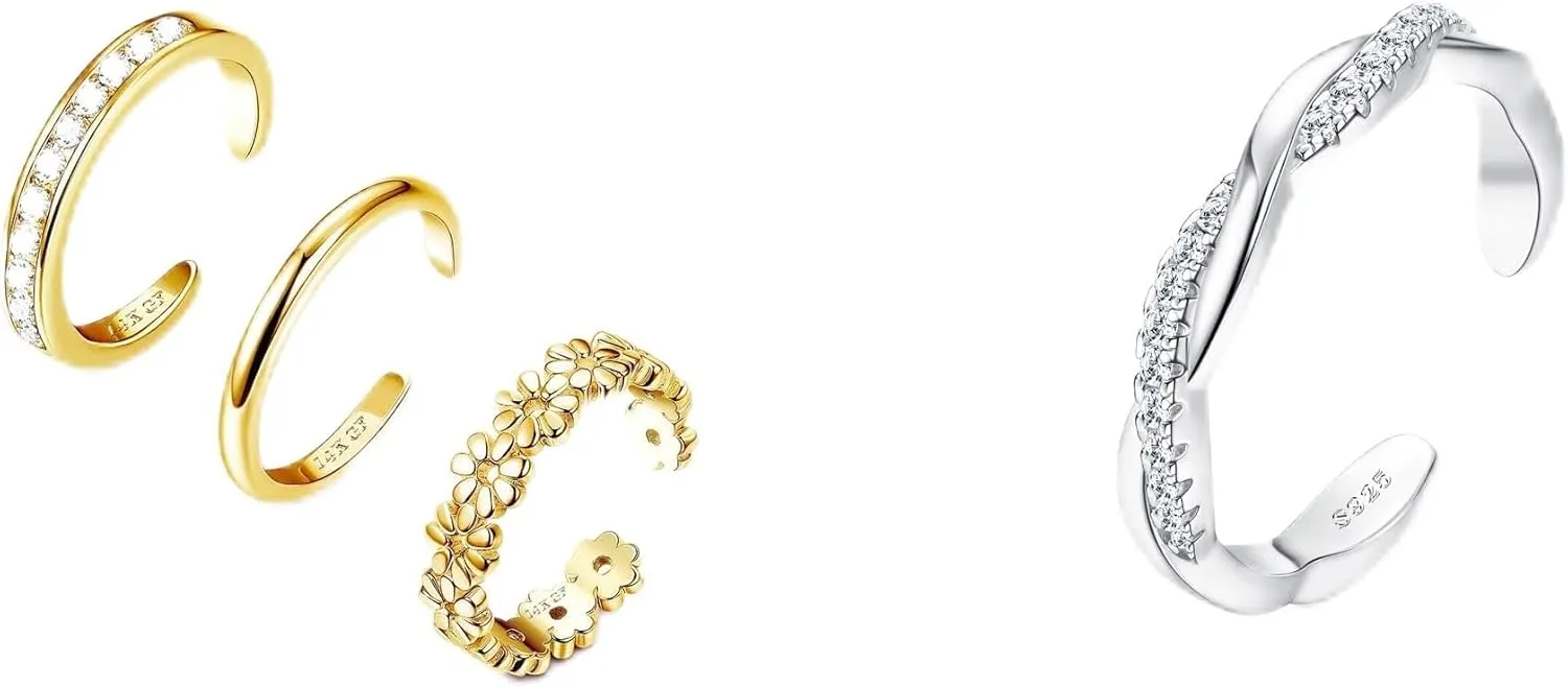 FIASASO 3Pcs Gold Filled Toe Rings 1Pcs 925 Sterling Silver Toe Rings for Women Non Tarnish Toe Ring Adjustable
