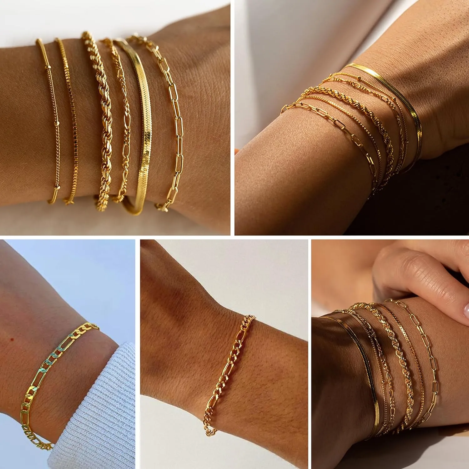 Florideco Gold Bracelets for Women Waterproof 14K Gold Plated Bracelet Stack Set Non Tarnish Trendy Thin Dainty Stackable Cuban Link Paperclip Chain Bracelet Pack Fashion Cute Jewelry Set