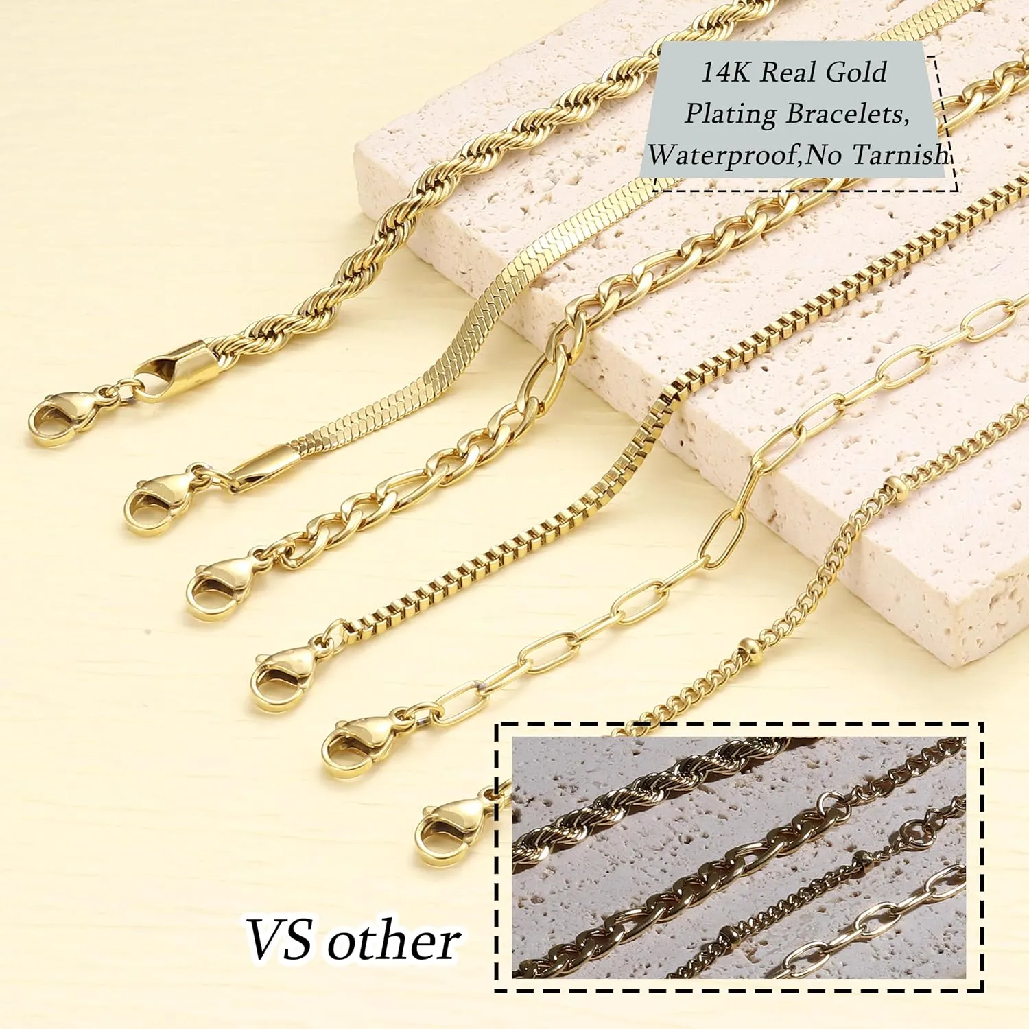 Florideco Gold Bracelets for Women Waterproof 14K Gold Plated Bracelet Stack Set Non Tarnish Trendy Thin Dainty Stackable Cuban Link Paperclip Chain Bracelet Pack Fashion Cute Jewelry Set