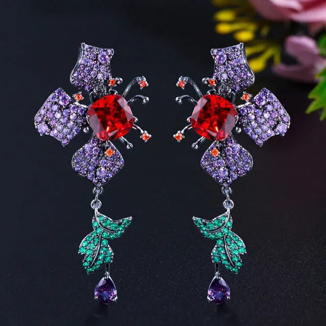 Flower Leaf Design Purple Red Cubic Zirconia Long Drop Earrings Evening Dress Jewelry