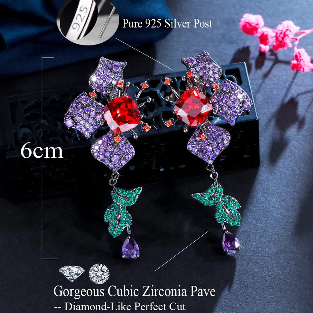 Flower Leaf Design Purple Red Cubic Zirconia Long Drop Earrings Evening Dress Jewelry