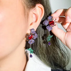 Flower Leaf Design Purple Red Cubic Zirconia Long Drop Earrings Evening Dress Jewelry