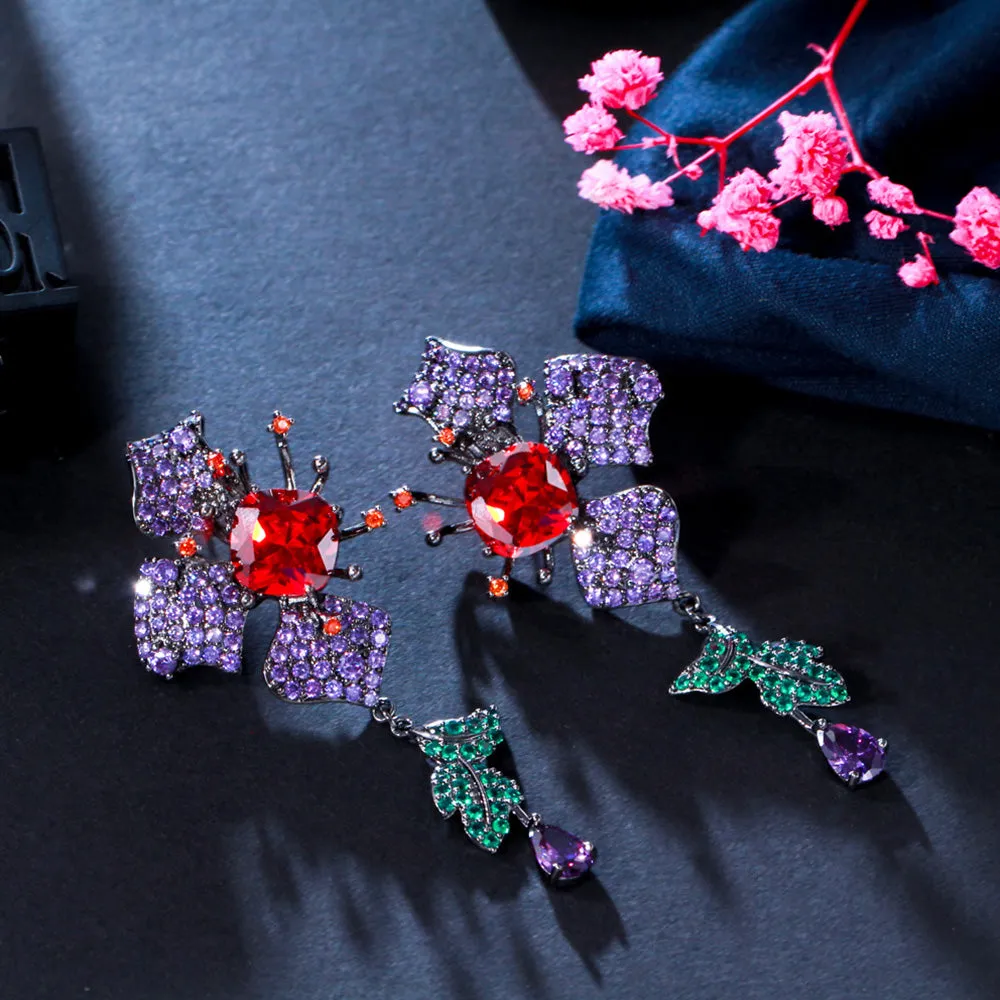 Flower Leaf Design Purple Red Cubic Zirconia Long Drop Earrings Evening Dress Jewelry