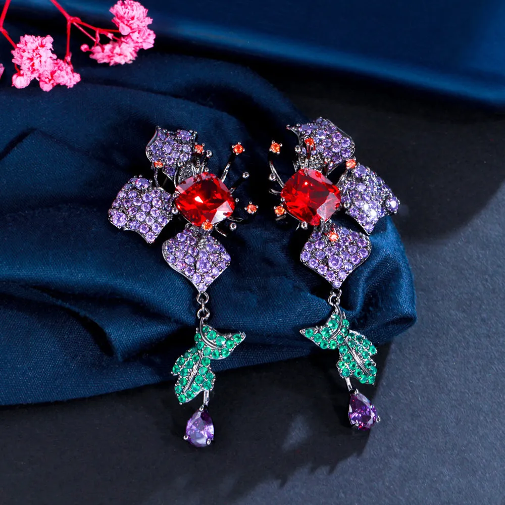 Flower Leaf Design Purple Red Cubic Zirconia Long Drop Earrings Evening Dress Jewelry
