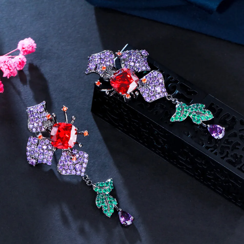 Flower Leaf Design Purple Red Cubic Zirconia Long Drop Earrings Evening Dress Jewelry