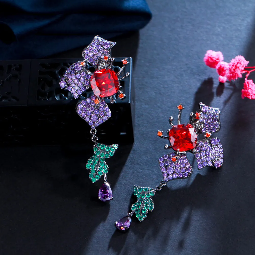 Flower Leaf Design Purple Red Cubic Zirconia Long Drop Earrings Evening Dress Jewelry