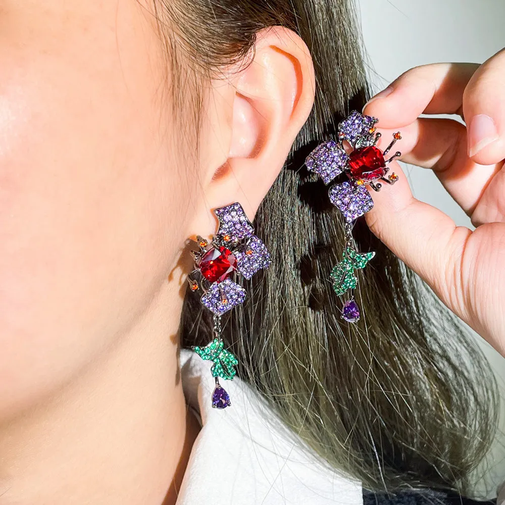 Flower Leaf Design Purple Red Cubic Zirconia Long Drop Earrings Evening Dress Jewelry