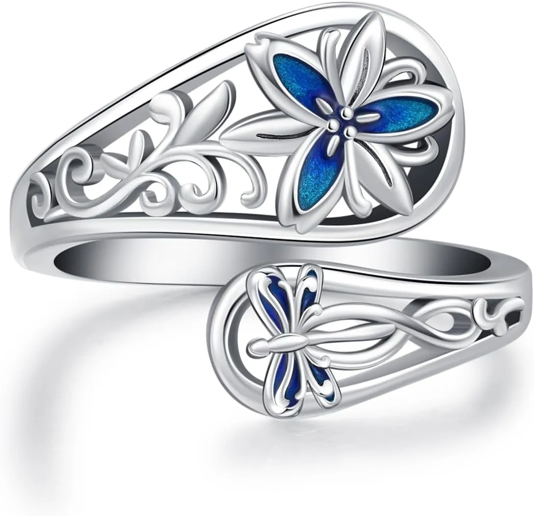 Flower Ring 925 Sterling Silver Dragonfly Adjustable Ring Flower Jewelry for Women Mom Sister Wife