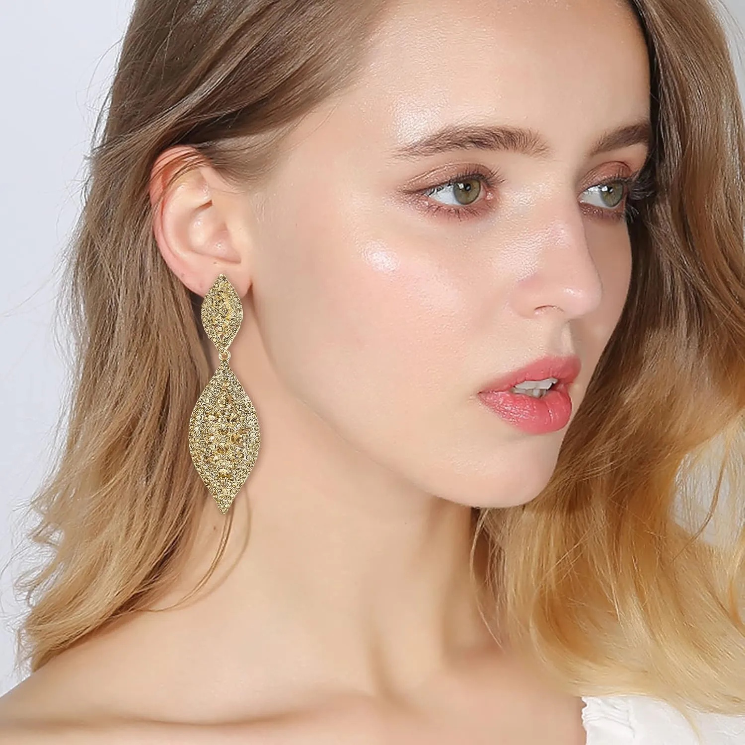Flyonce Clip On Earrings for Women, Glitter Rhinestone Crystal Wedding Bridal Clip-on Drop Dangle Earring for Non Pierced Ears