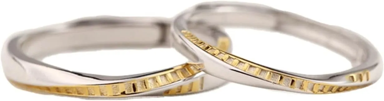 Friendship Rings Adjustable, Engagement Ring 925 Sterling Silver with Silver Gold Thin Ladder Round Couple Adjustable Band Jewelry Gift