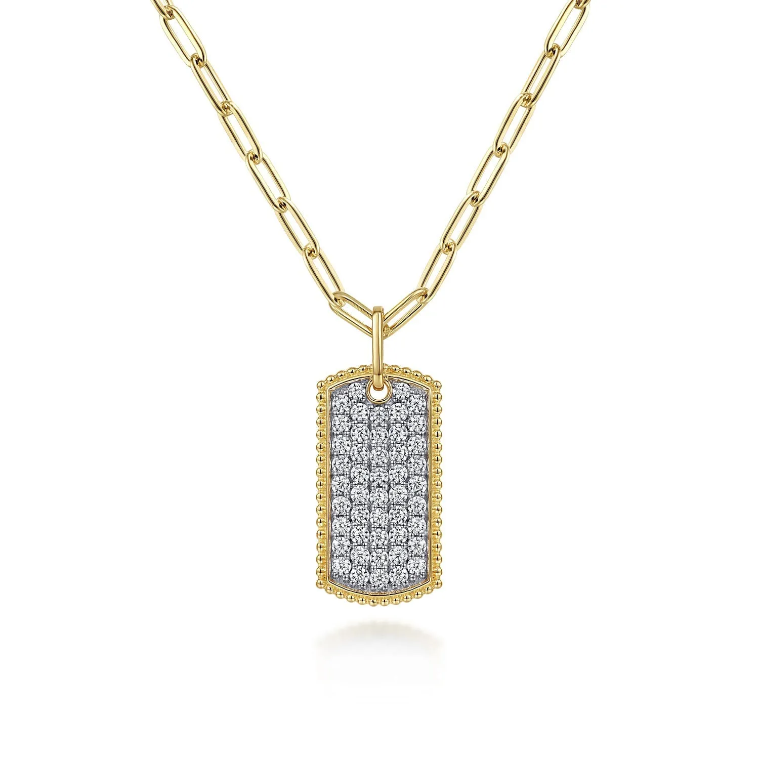 Gabriel & Co. Yellow Gold 3/4ctw Diamond Pave Dog Tag Pendant Hollow Chain Necklace