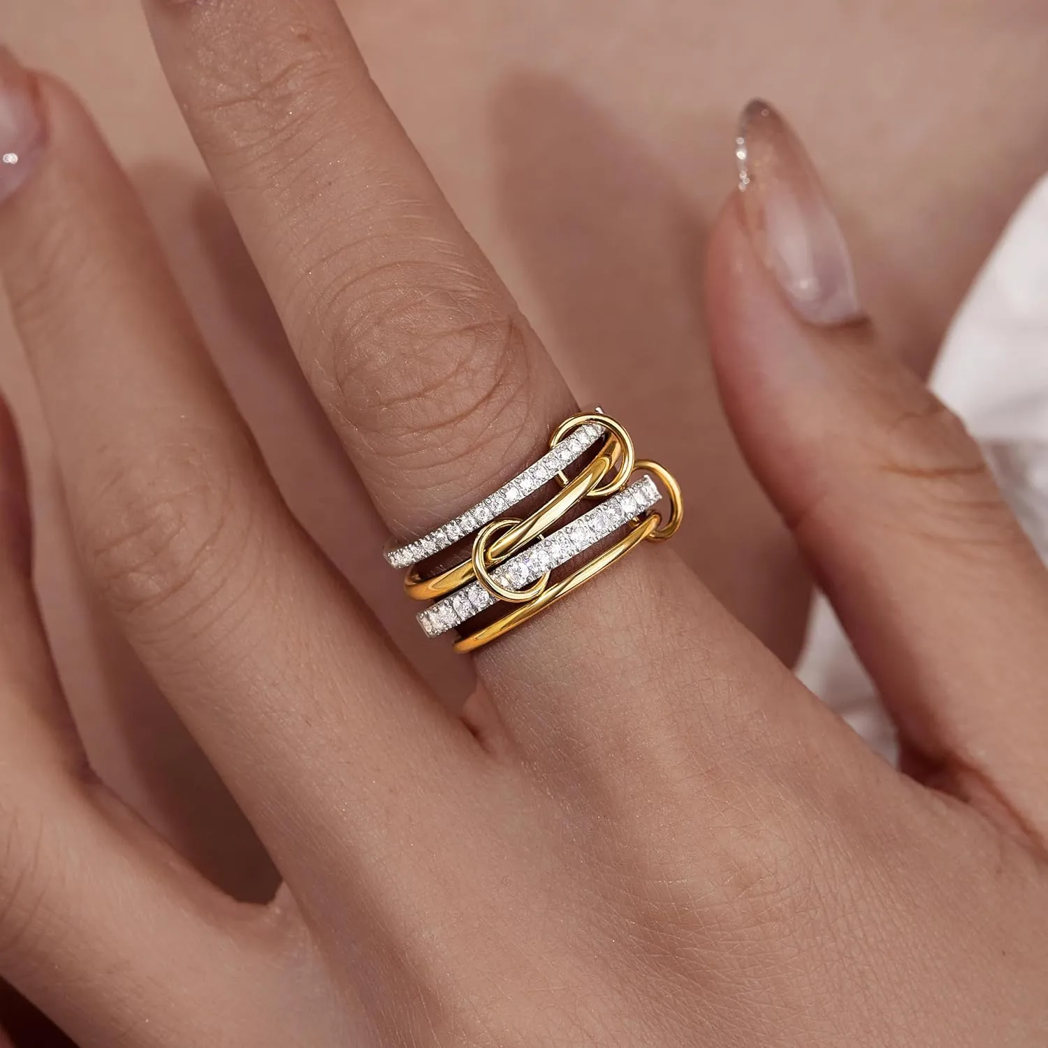 gelbesty Stackable Gold Silver Band Rings for Women Non Tarnish, Cubic Zirconia Statement Thumb Pinky Rings Two Tone, Mixed Metal Jewelry for Women Size 5/6/7/8/9/10/11