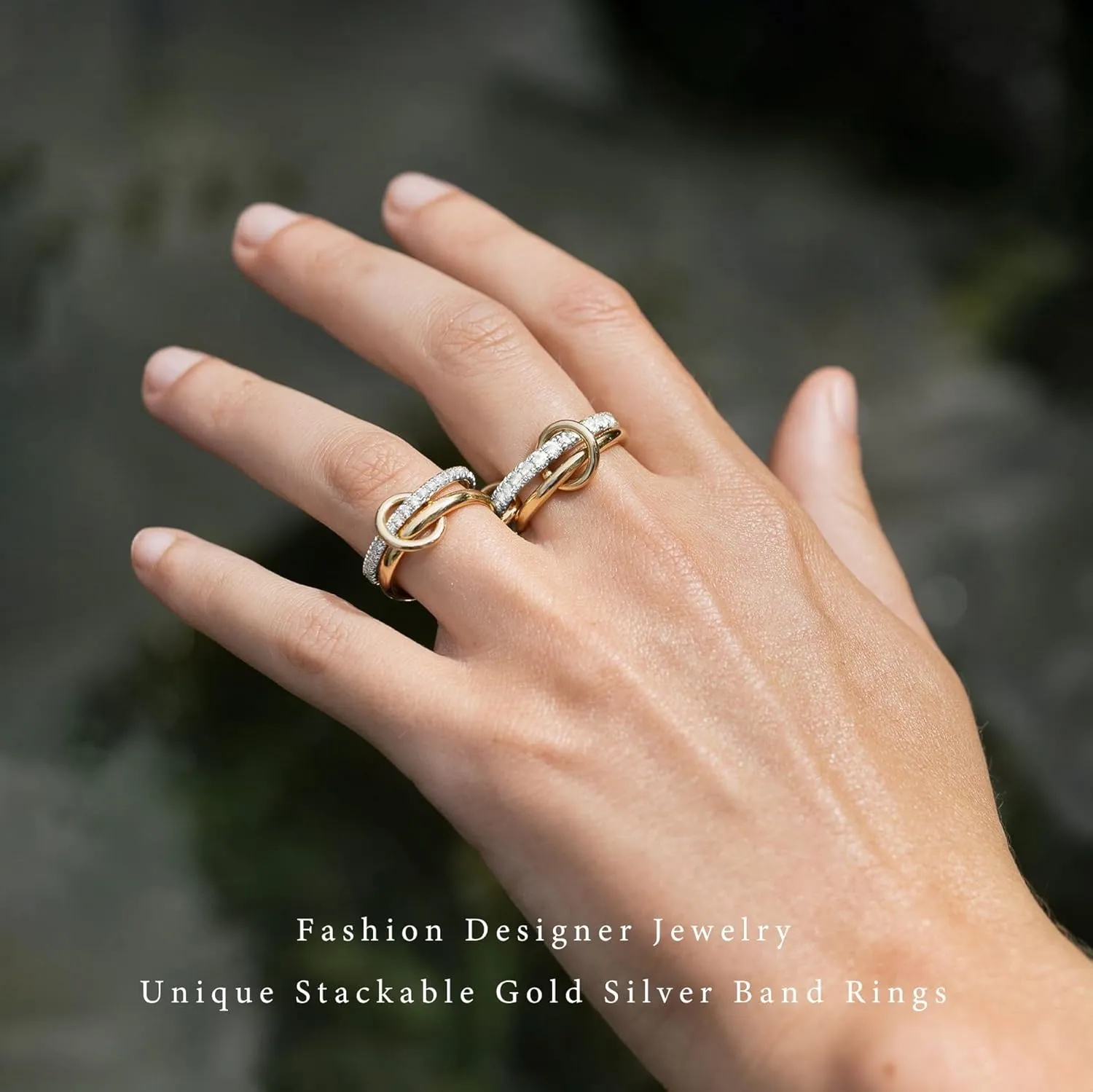 gelbesty Stackable Gold Silver Band Rings for Women Non Tarnish, Cubic Zirconia Statement Thumb Pinky Rings Two Tone, Mixed Metal Jewelry for Women Size 5/6/7/8/9/10/11