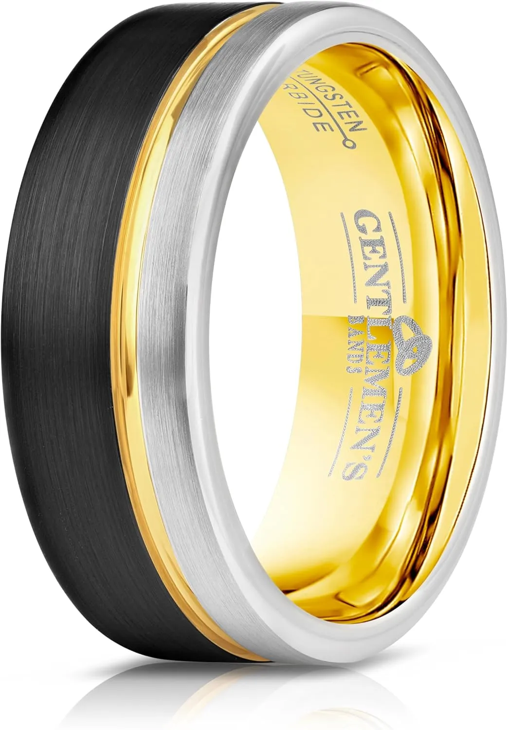 Gentlemen's Bands Men's Tungsten Carbide Wedding Band - Premium Grade Gold & Silver Black Tungsten Wedding Ring - Includes Silicon Band, Leather Drawstring Pouch, & Premium Finished Walnut Box