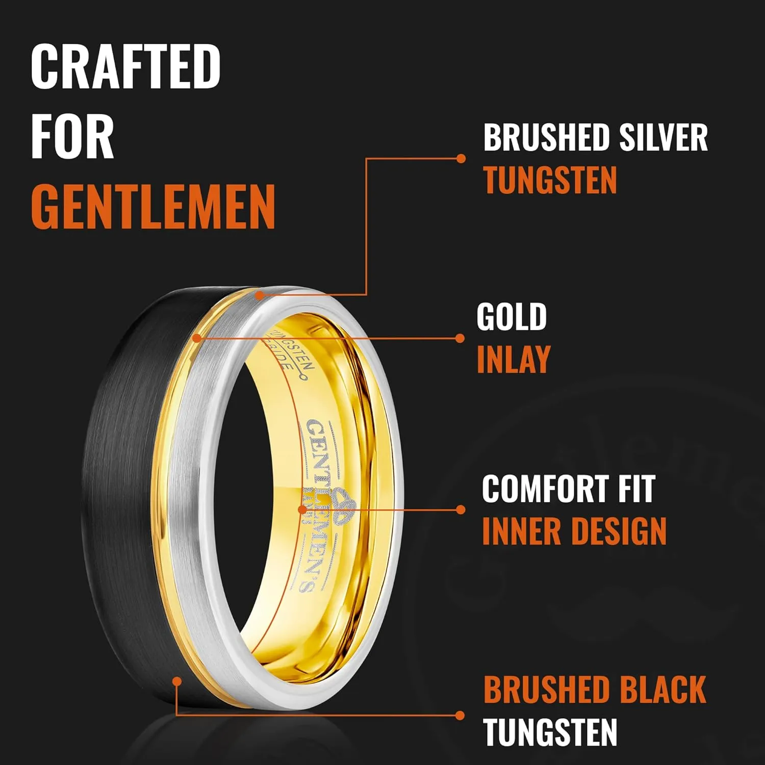 Gentlemen's Bands Men's Tungsten Carbide Wedding Band - Premium Grade Gold & Silver Black Tungsten Wedding Ring - Includes Silicon Band, Leather Drawstring Pouch, & Premium Finished Walnut Box