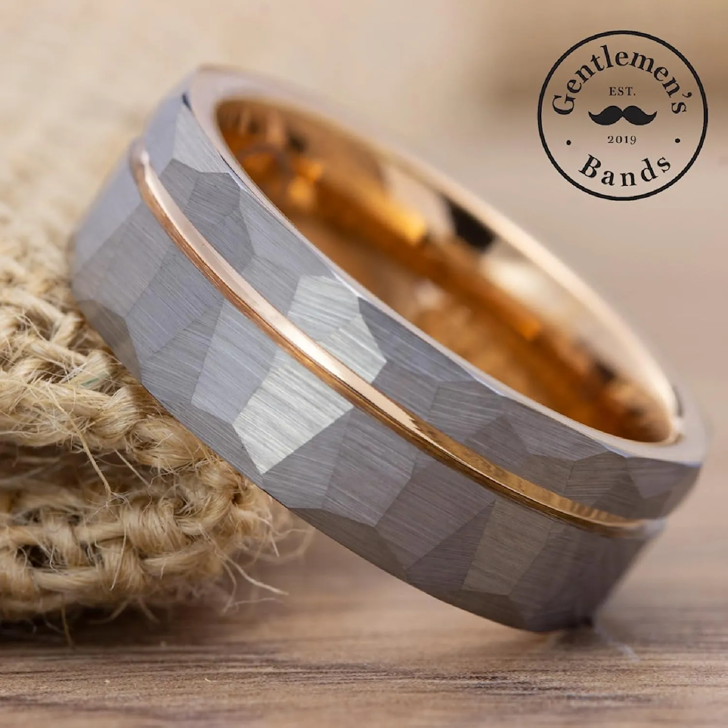 Gentlemen's Bands Premium Hammered SilverTungsten Wedding Band With Thin Rose Gold Strip | Wedding band is ideal Gift | Package Includes Silicon Band, Walnut Box, Leather pouch