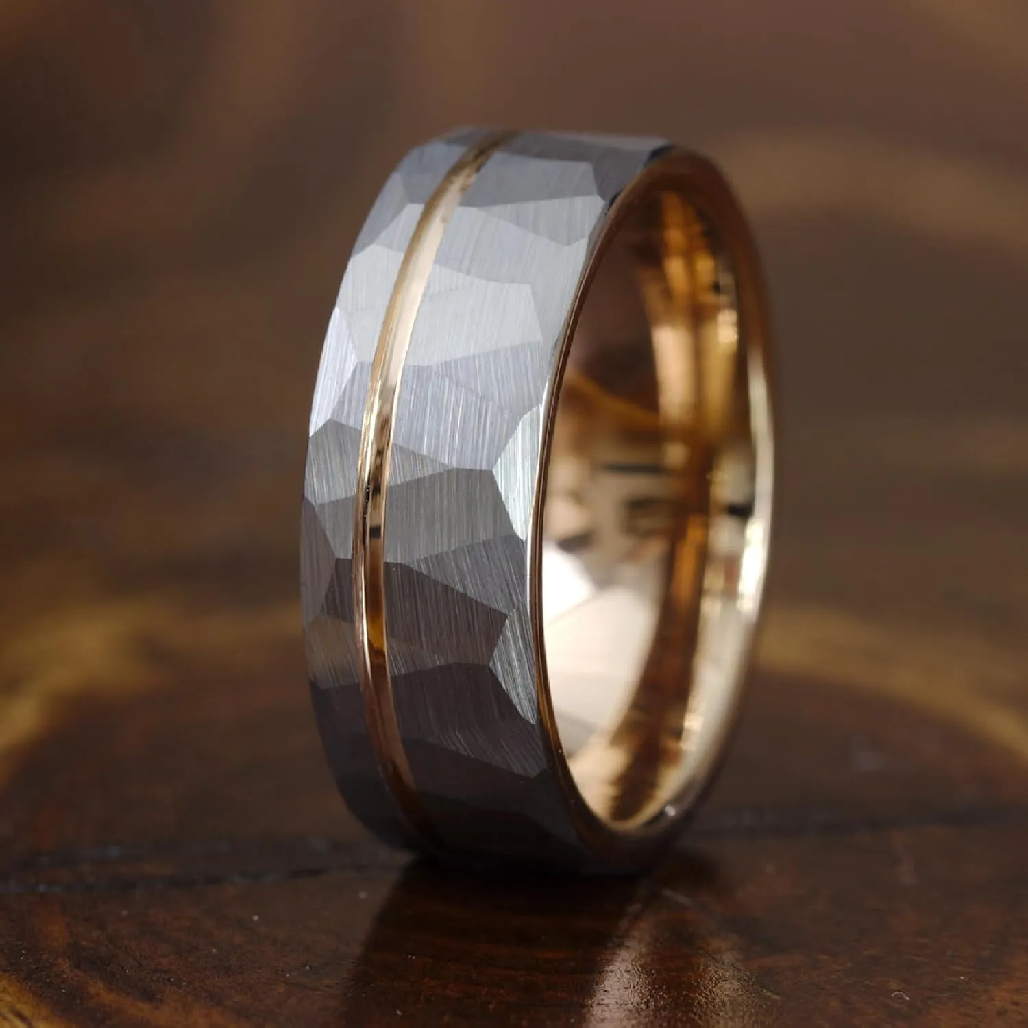 Gentlemen's Bands Premium Hammered SilverTungsten Wedding Band With Thin Rose Gold Strip | Wedding band is ideal Gift | Package Includes Silicon Band, Walnut Box, Leather pouch