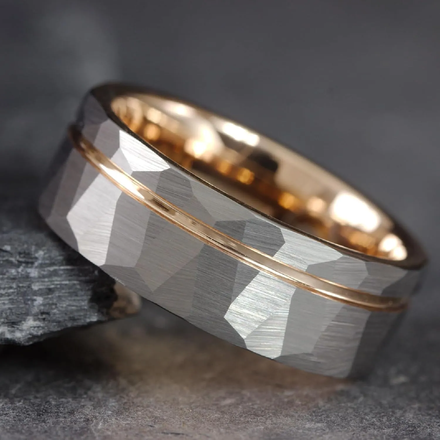 Gentlemen's Bands Premium Hammered SilverTungsten Wedding Band With Thin Rose Gold Strip | Wedding band is ideal Gift | Package Includes Silicon Band, Walnut Box, Leather pouch