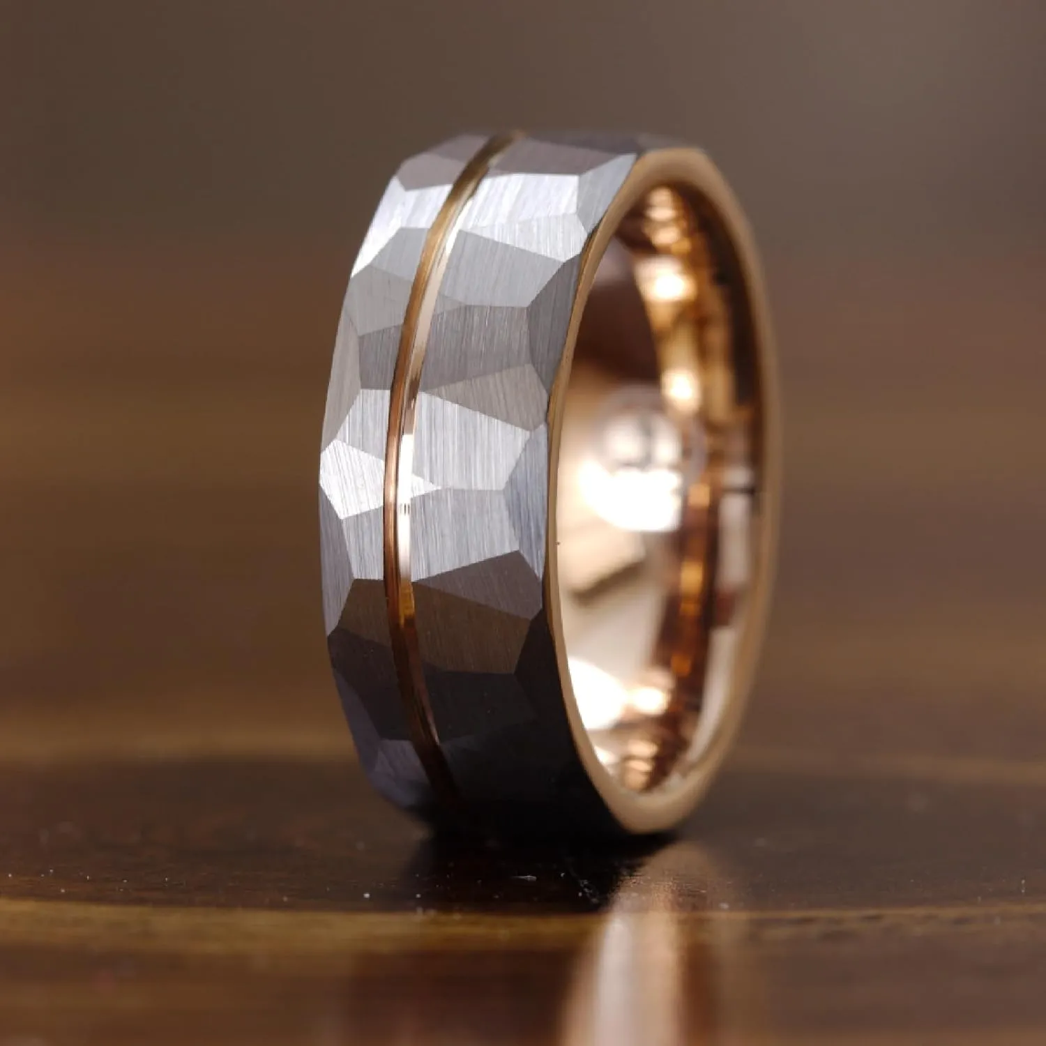 Gentlemen's Bands Premium Hammered SilverTungsten Wedding Band With Thin Rose Gold Strip | Wedding band is ideal Gift | Package Includes Silicon Band, Walnut Box, Leather pouch