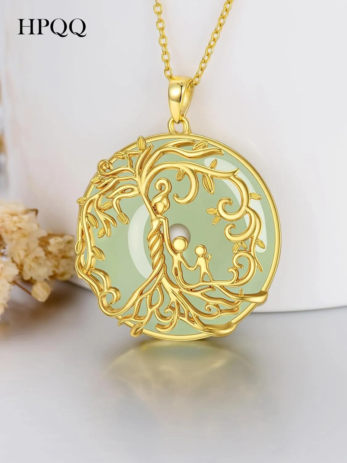 Gifts for Women Tree of Life Necklace 14k Gold Plated Sterling Silver Round Jade Jewelry for Women Mom Sister Birthday Christmas Gifts