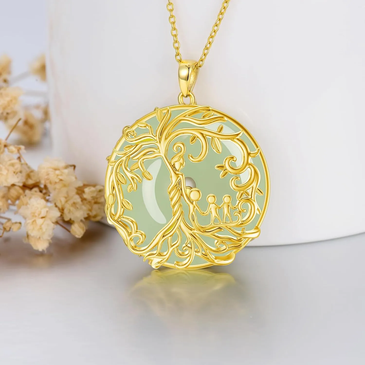 Gifts for Women Tree of Life Necklace 14k Gold Plated Sterling Silver Round Jade Jewelry for Women Mom Sister Birthday Christmas Gifts