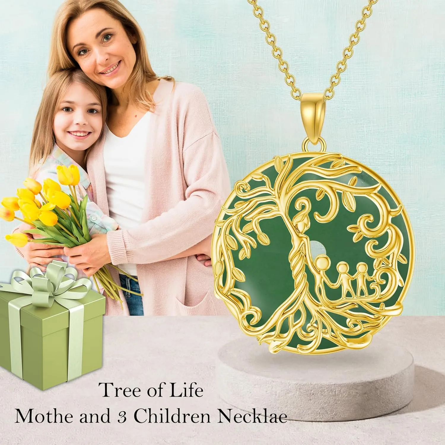 Gifts for Women Tree of Life Necklace 14k Gold Plated Sterling Silver Round Jade Jewelry for Women Mom Sister Birthday Christmas Gifts