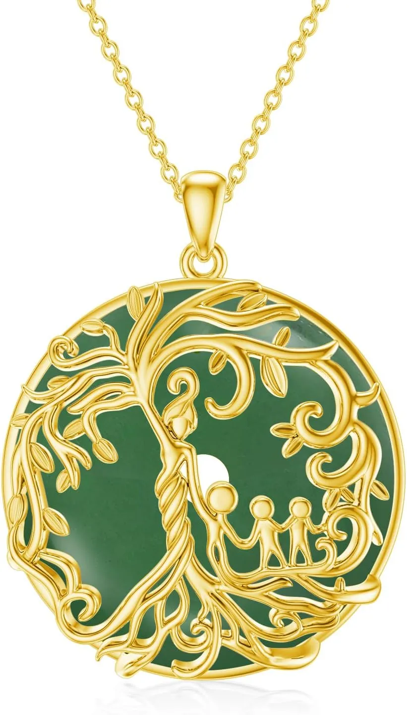 Gifts for Women Tree of Life Necklace 14k Gold Plated Sterling Silver Round Jade Jewelry for Women Mom Sister Birthday Christmas Gifts