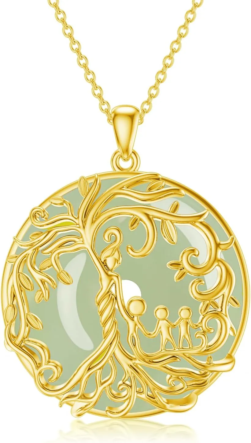 Gifts for Women Tree of Life Necklace 14k Gold Plated Sterling Silver Round Jade Jewelry for Women Mom Sister Birthday Christmas Gifts