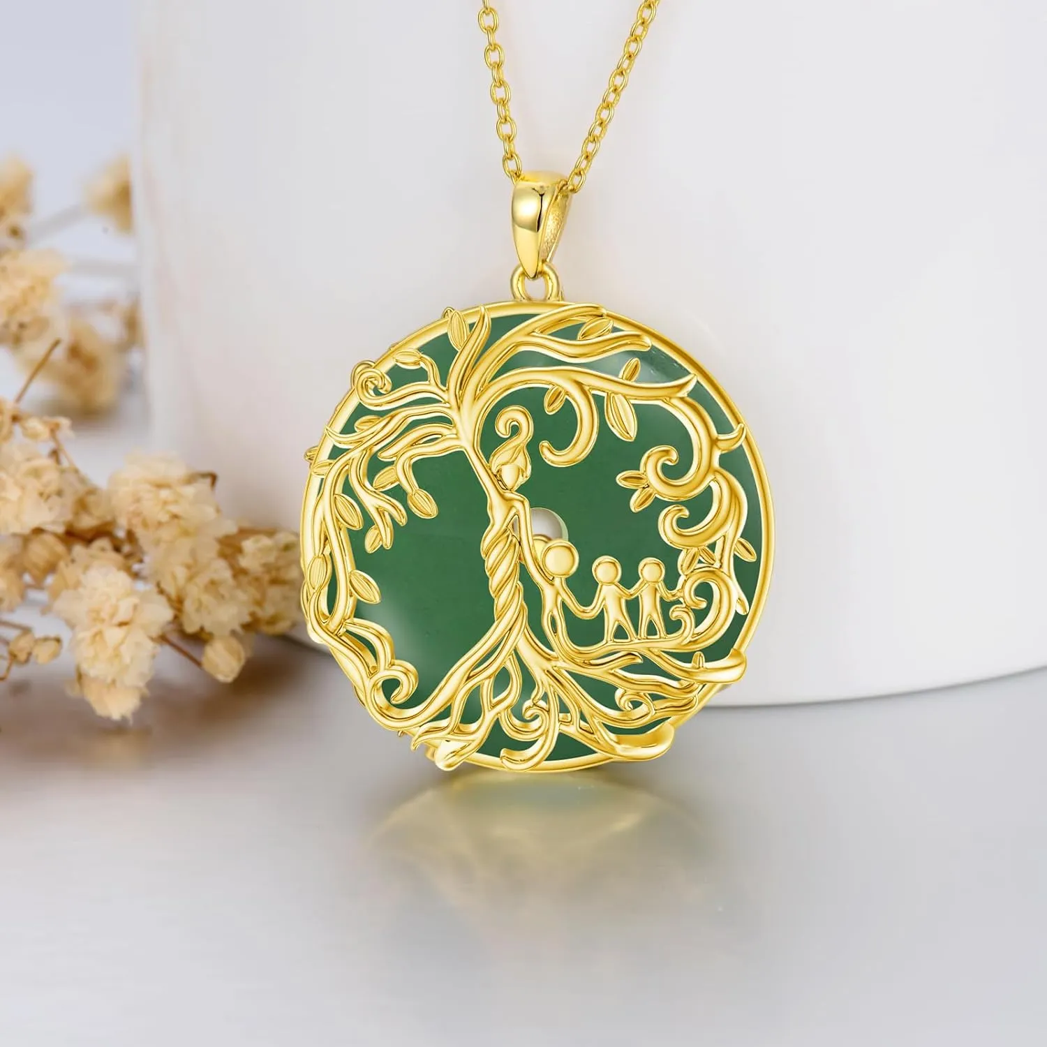 Gifts for Women Tree of Life Necklace 14k Gold Plated Sterling Silver Round Jade Jewelry for Women Mom Sister Birthday Christmas Gifts