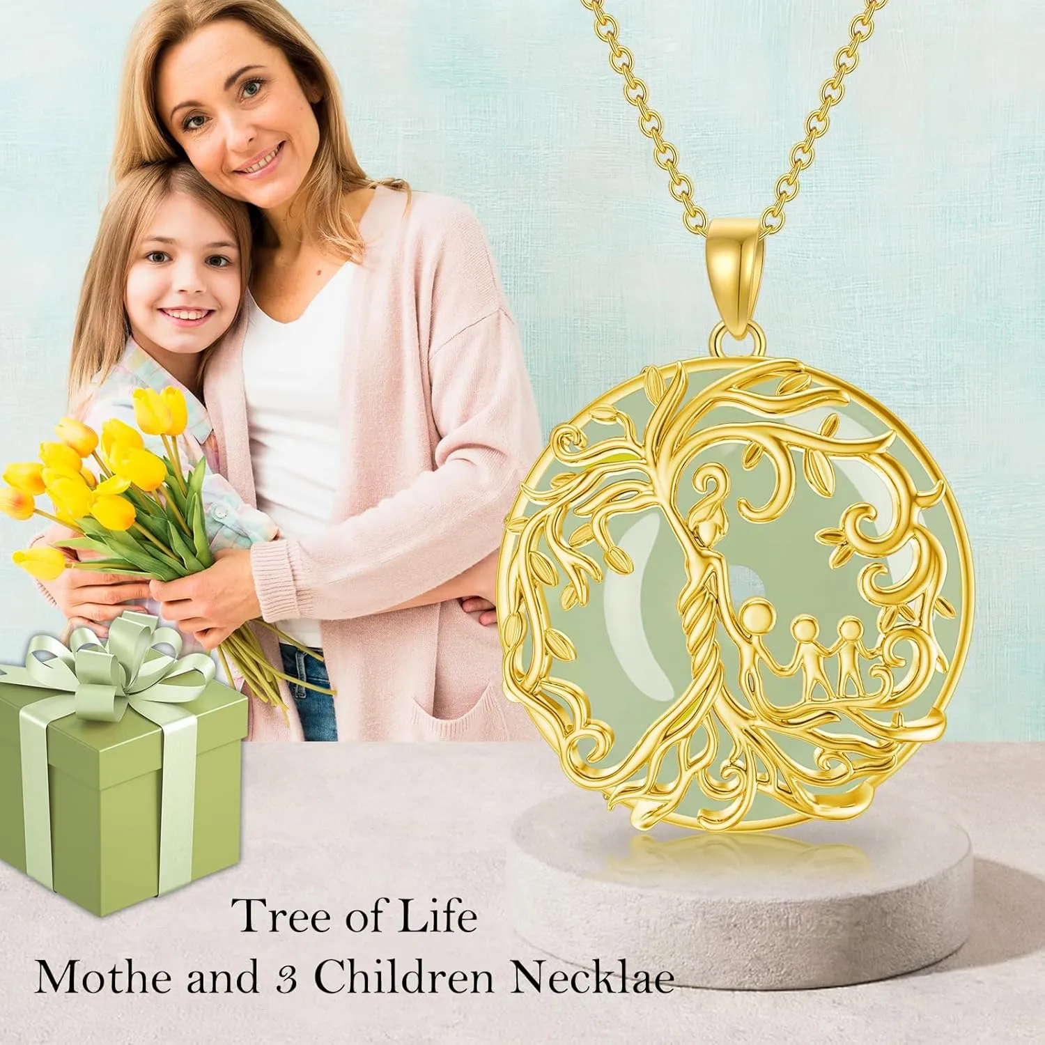 Gifts for Women Tree of Life Necklace 14k Gold Plated Sterling Silver Round Jade Jewelry for Women Mom Sister Birthday Christmas Gifts