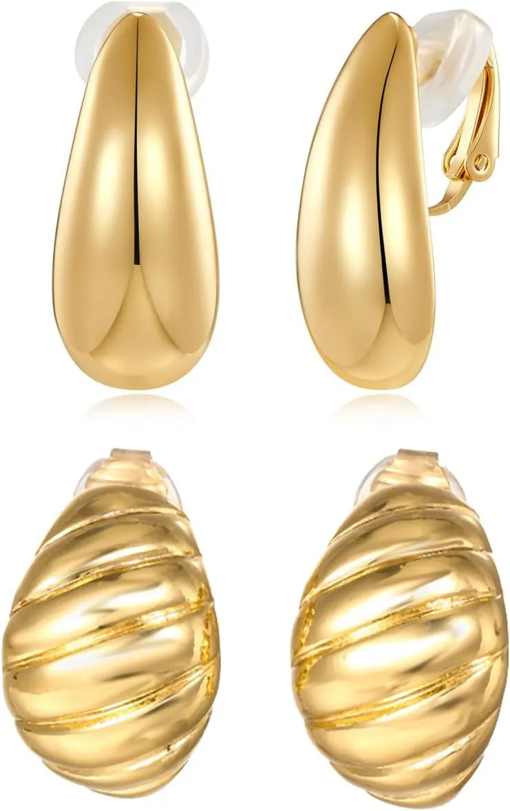 Gmai 2 Pairs Gold Clip On Earrings for Woman Non Pierced Teardrop Croissant Clip On Earrings for Woman Fake Earrings