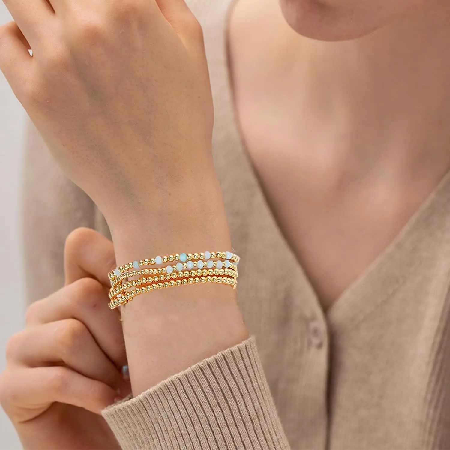 Gold Beaded Bracelets for Woman Stackable Crystal Stone Bead Bracelet 14K Gold Plated Stretch Bead Ball Bracelet Set for Woman Trendy Jewelry Gifts
