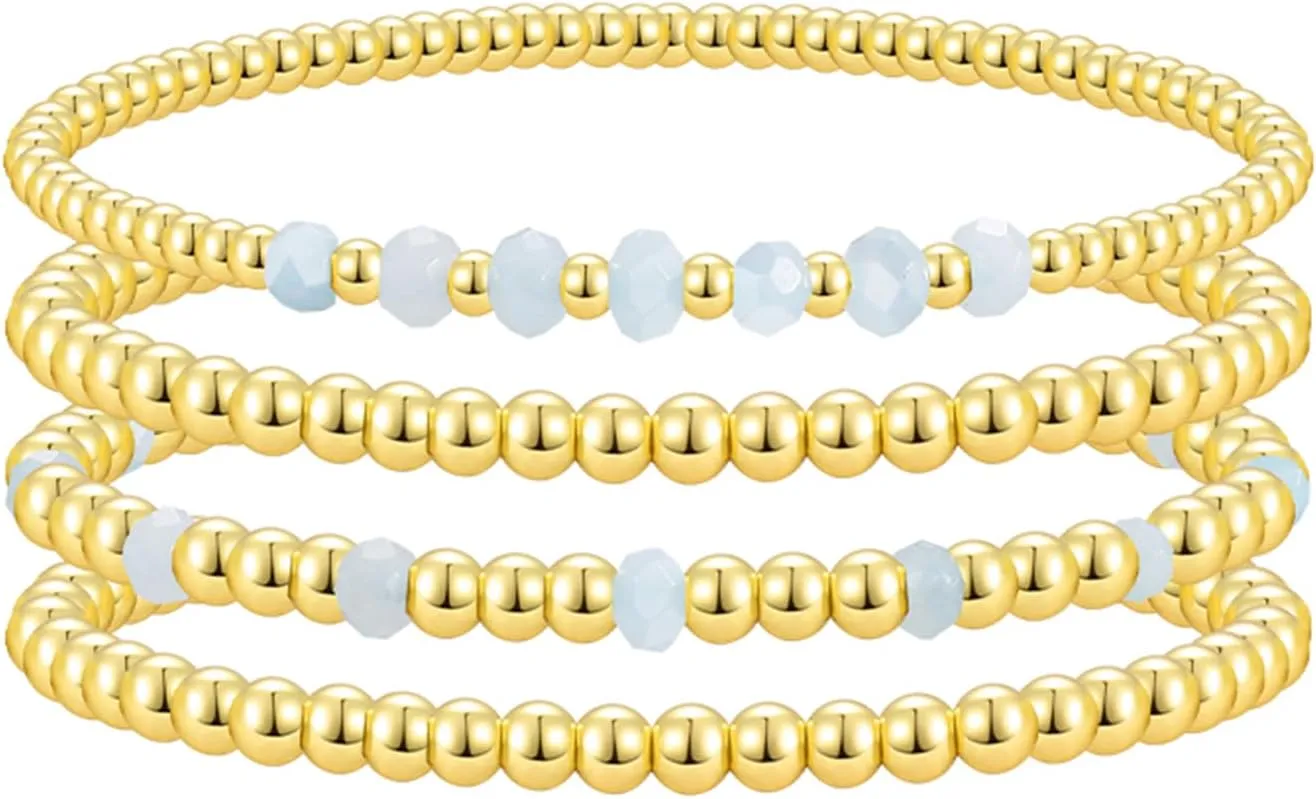 Gold Beaded Bracelets for Woman Stackable Crystal Stone Bead Bracelet 14K Gold Plated Stretch Bead Ball Bracelet Set for Woman Trendy Jewelry Gifts
