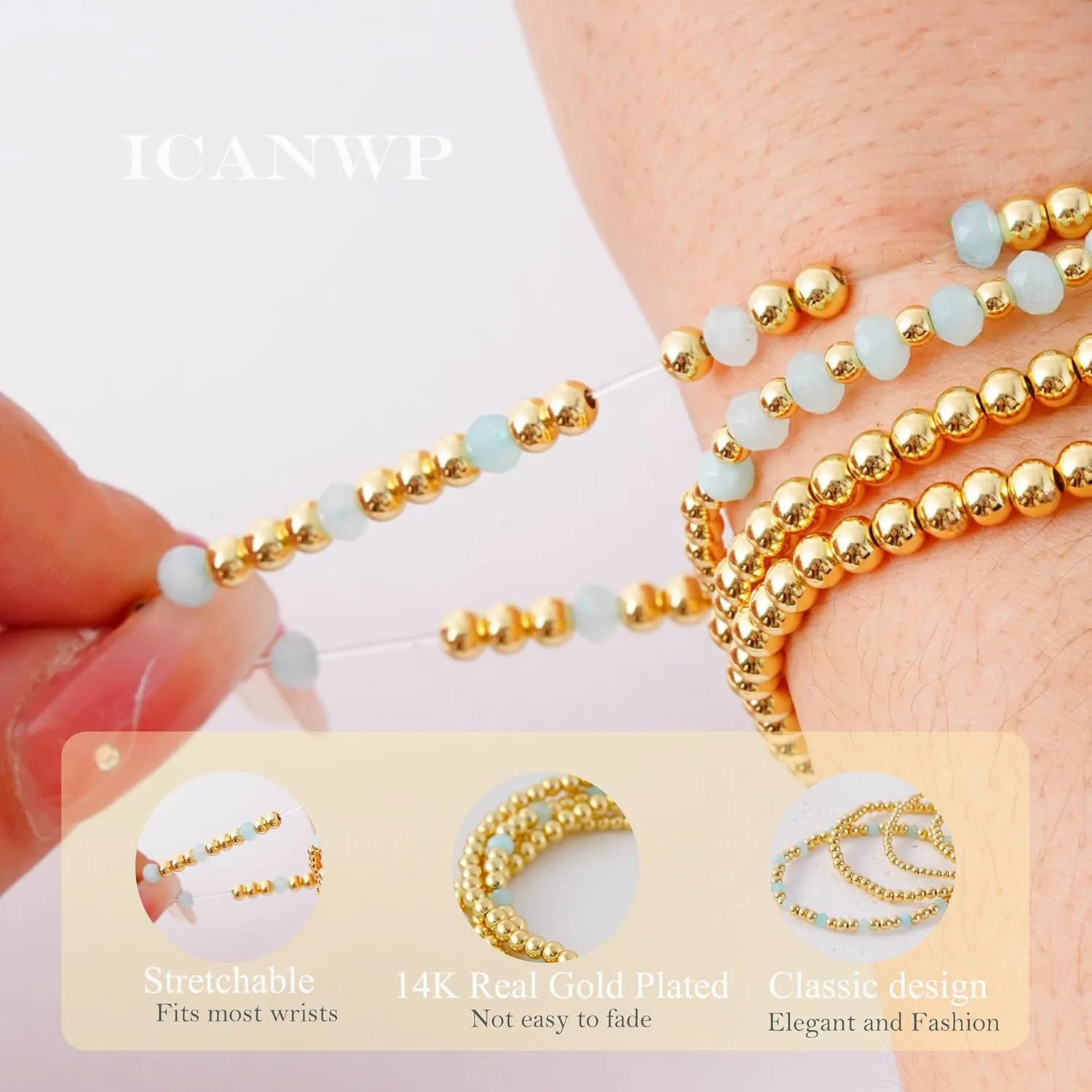 Gold Beaded Bracelets for Woman Stackable Crystal Stone Bead Bracelet 14K Gold Plated Stretch Bead Ball Bracelet Set for Woman Trendy Jewelry Gifts