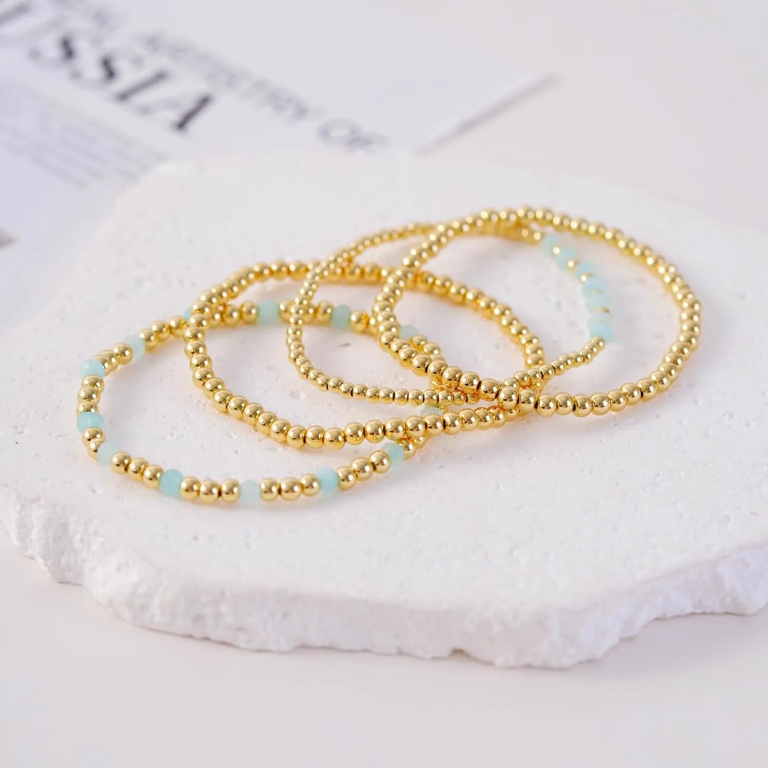 Gold Beaded Bracelets for Woman Stackable Crystal Stone Bead Bracelet 14K Gold Plated Stretch Bead Ball Bracelet Set for Woman Trendy Jewelry Gifts