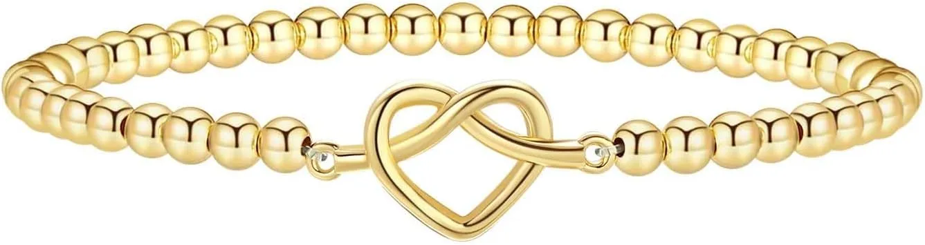 Gold Beaded Bracelets for Women, 14K Real Gold Plated Hypoallergenic Stackable Stretch Bracelets Dainty Gold Filled Bead Bracelets Handmade Ball Bead Charm Bracelet for Women Trendy Gold Jewelry