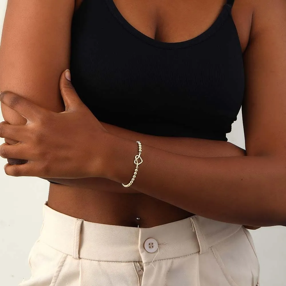 Gold Beaded Bracelets for Women, 14K Real Gold Plated Hypoallergenic Stackable Stretch Bracelets Dainty Gold Filled Bead Bracelets Handmade Ball Bead Charm Bracelet for Women Trendy Gold Jewelry