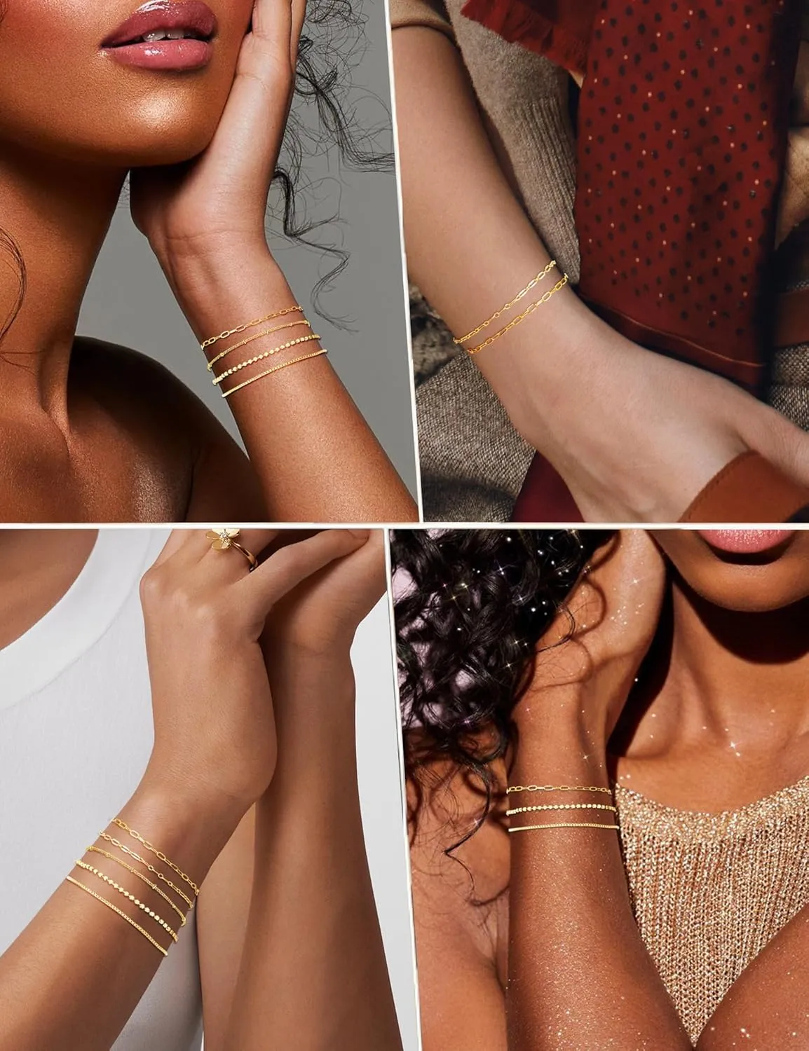 Gold Bracelets - 14K Dainty Cuban Link Chain Bracelet Pack, Fashion Accessories Gifts for Women, Mom