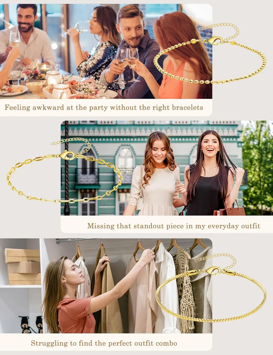 Gold Bracelets - 14K Dainty Cuban Link Chain Bracelet Pack, Fashion Accessories Gifts for Women, Mom