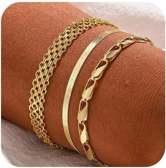 Gold Bracelets for women 14K Gold Bangle Bracelet Stack - Adjustable Waterproof Trendy Bracelets Gold Filled Stacks Bangles Link Chain Gold Bracelet Non Tarnish for Women Collection Jewelry Gifts