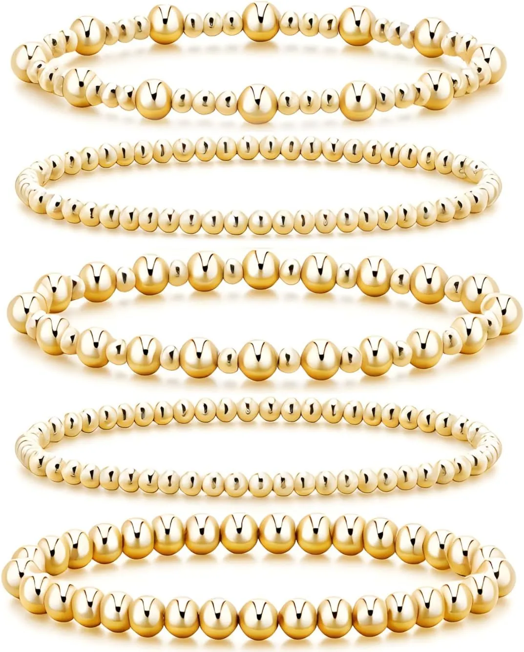 Gold Bracelets for Women, 14K Gold Plated Beaded Strand Bead Ball Bracelets stack Adjustable Jewelry Set for Gifts