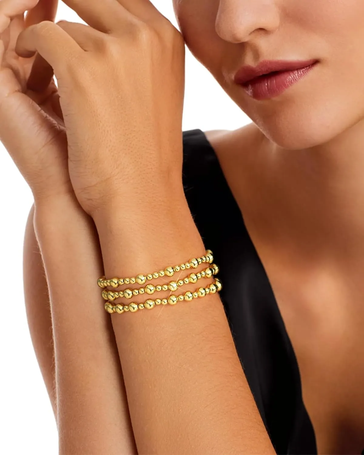 Gold Bracelets for Women Gold Bracelet Stack Gold Beaded Bracelets for Women 18K Gold Plated Stretch Bead Ball Bracelet Sets Jewelry for Christmas Birthday Gifts