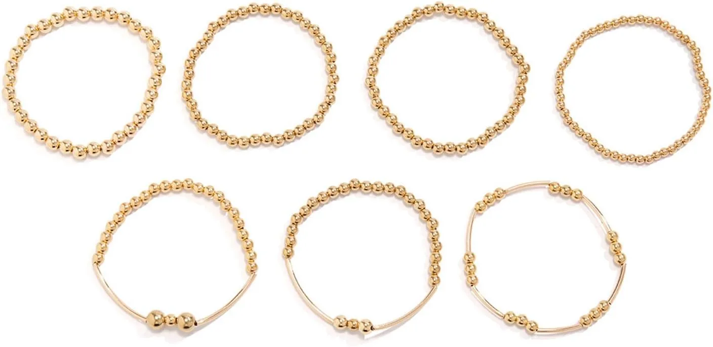 Gold Bracelets for Women Non Tarnish Gold Beaded Bracelet Stretch Bead Ball Bracelet Sets Trendy Stackable Layered Pearl Cross Bracelet Gold Jewelry for Women